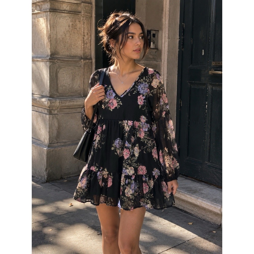 Rewind Y2K Floral Babydoll Dress Small Sheer Sleeve Tiered Boho Mini RR29